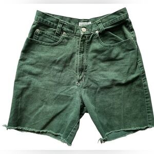 SKOOZI Vintage High Waist Green Denim Shorts with Raw Hem